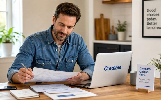 Borrower comparing Credible personal loan options on a laptop